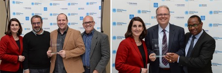 Left: Monica Halil (WIPO), Pedro Milliet, Roberto Maluhy Jr., and Mauricio Barreto of (ED5) | Right: Monica Halil, Matt Utterback (eKitabu) and Lawrence Njagi (Kenya Publishers Association) (Photos: London Book Fair)